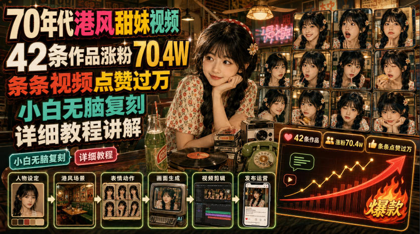 70年代港风甜妹视频，42条作品涨粉70.4W，条条视频点赞过万，小白无脑复刻，详细教程讲解-集课