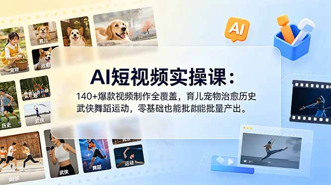 【精】AI短视频实操课：140+爆款视频制作全覆盖，育儿宠物治愈历史武侠舞蹈运动，零基础也能批量产出-集课