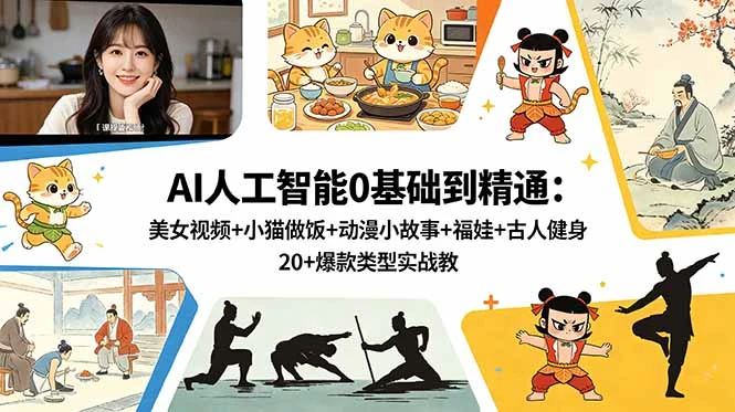 【精】AI人工智能0基础到精通：美女视频+小猫做饭+动漫小故事+福娃+古人健身，20+爆款类型实战教学-集课