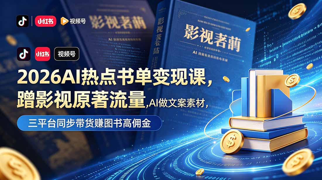 【精】2026AI热点书单变现课，蹭影视原著流量，AI做文案素材，三平台同步带货赚图书高佣金-集课