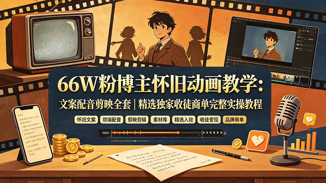 66W粉博主怀旧动画教学：文案配音剪映全套｜精选独家收徒商单完整实操教程-集课