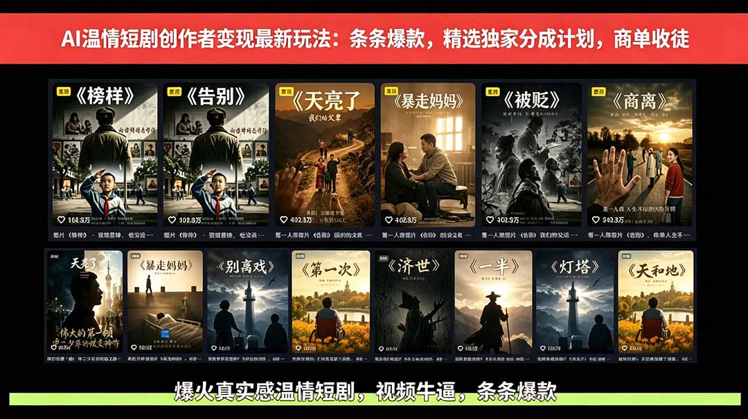 【精】AI温情短剧创作者变现最新玩法：视频牛逼，条条爆款，精选独家分成计划，商单收徒-集课