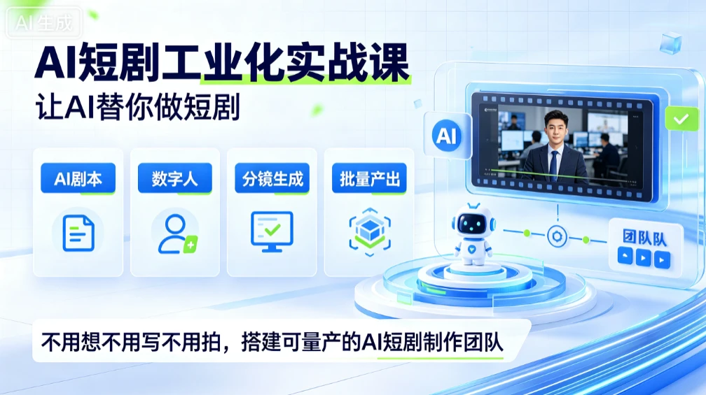 【精】AI短剧工业化实战课，让AI替你做短剧，不用想不用写不用拍，搭建可量产的AI短剧制作团队-集课