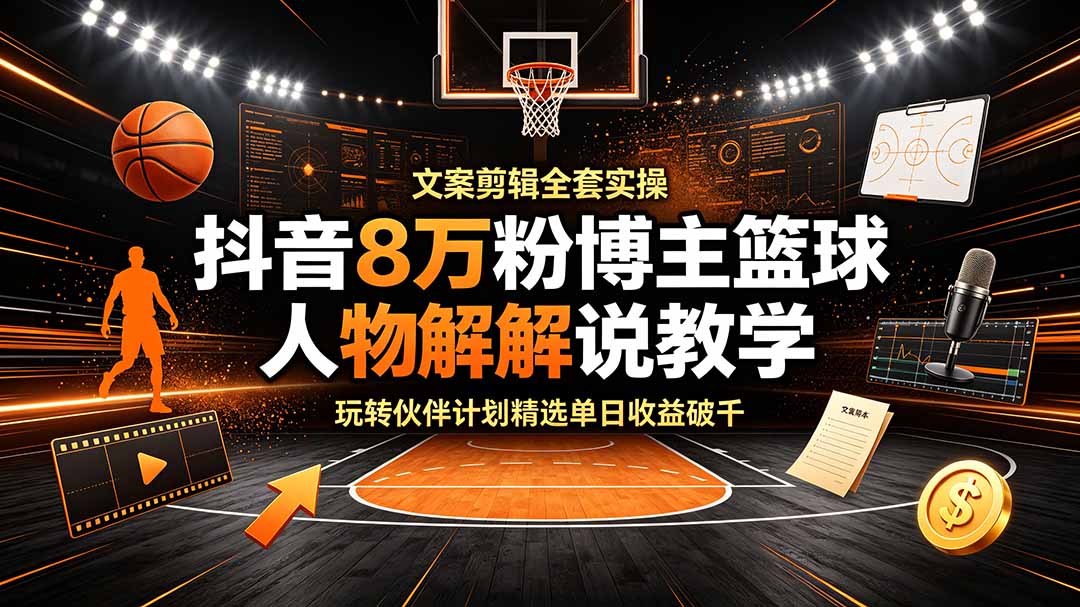 抖音8万粉博主篮球人物解说教学，文案剪辑全套实操，玩转伙伴计划精选单日收益破千-集课