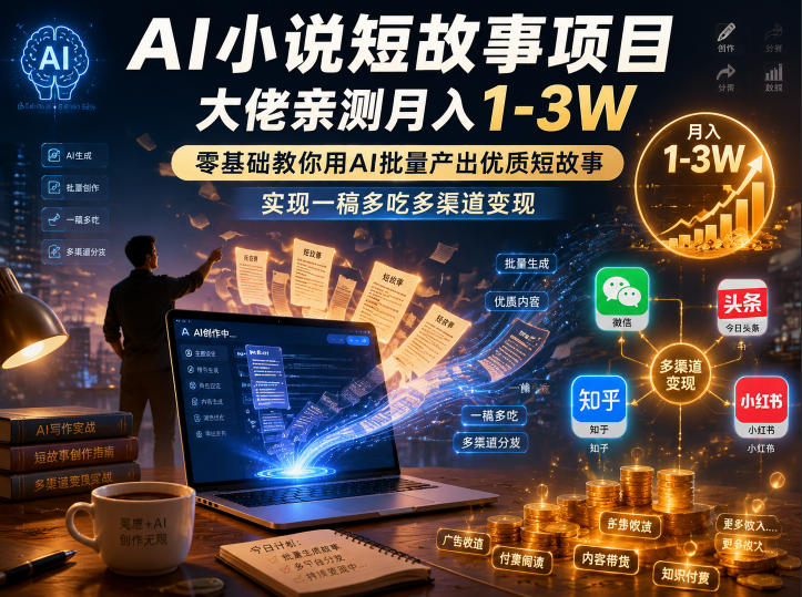 【精】AI小说短故事项目，大佬亲测月入1-3W，零基础教你用AI批量产出优质短故事，实现一稿多吃多渠道变现-集课