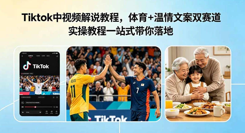 Tiktok中视频解说教程，体育+温情文案双赛道实操教程一站式带你落地，教你出海賺美刀-集课