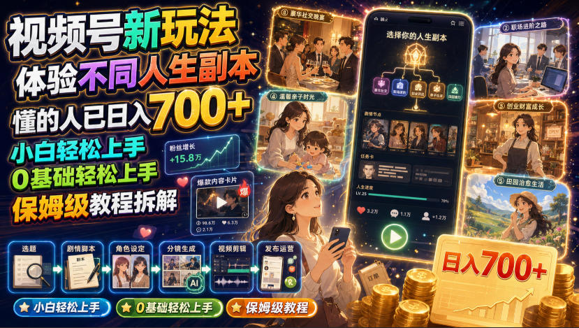视频号新玩法体验不同人生副本，懂的人已日入700+，小白轻松上手，0基础轻松上手，保姆级教程拆解-集课