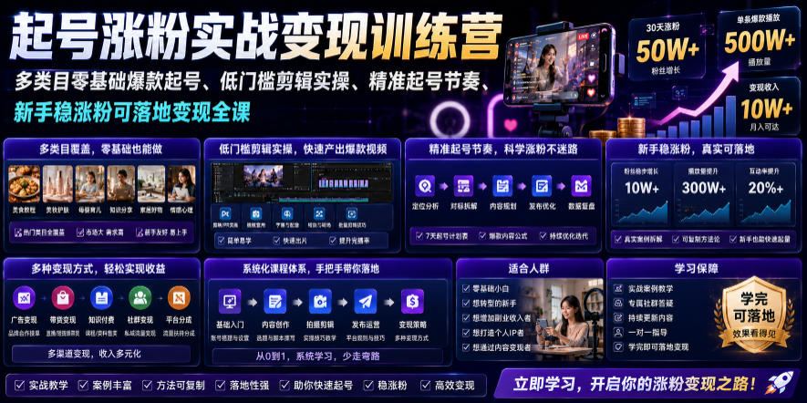苗子起号涨粉实战变现训练营，多类目零基础爆款起号、精准起号节奏、新手稳涨粉可落地变现全课-集课