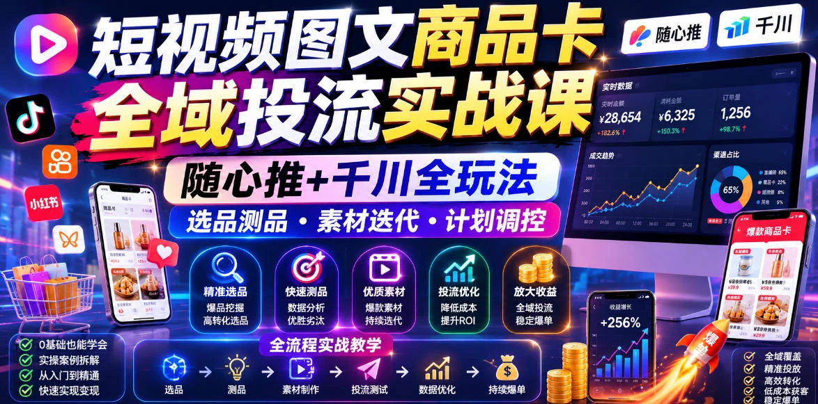 【精】短视频图文商品卡全域投流实战课，随心推+千川全玩法，选品测品・素材迭代・计划调控，提升ROI爆单增收教程-集课