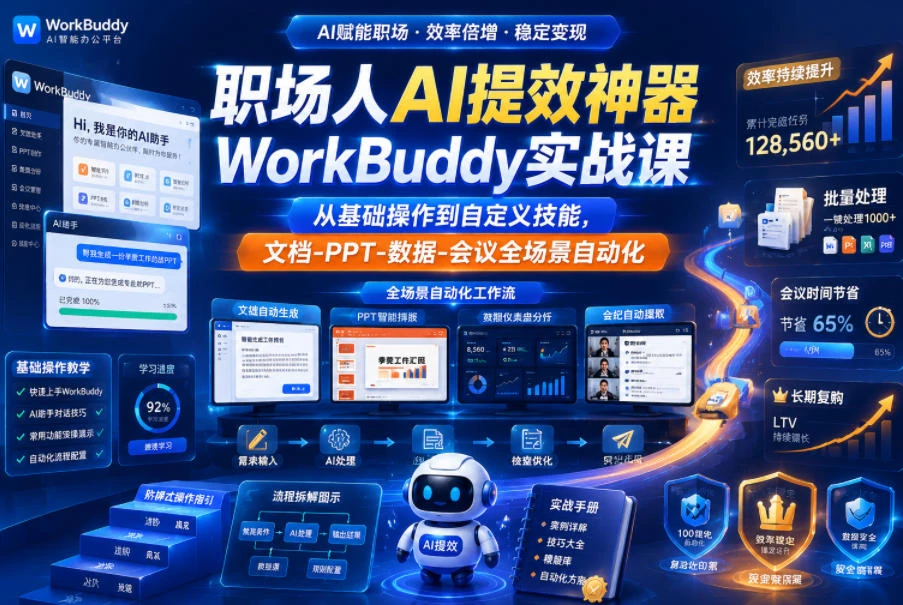 【精】职场人AI提效神器WorkBuddy实战课，从基础操作到自定义技能，文档-PPT-数据-会议全场景自动化-集课