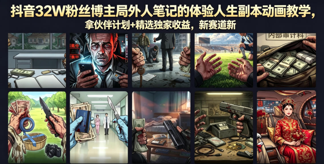 【精】抖音32W粉丝博主局外人笔记的体验人生副本动画教学，拿伙伴计划+精选独家收益，新赛道新涨粉快（录制版）-集课